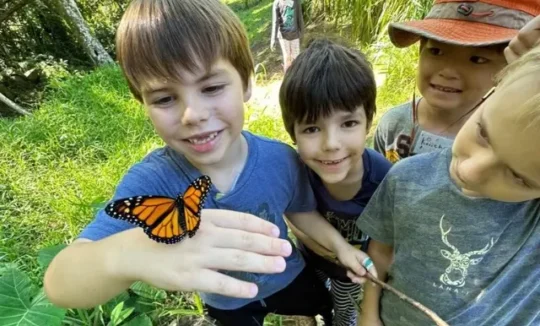 A student holding a butterfly.