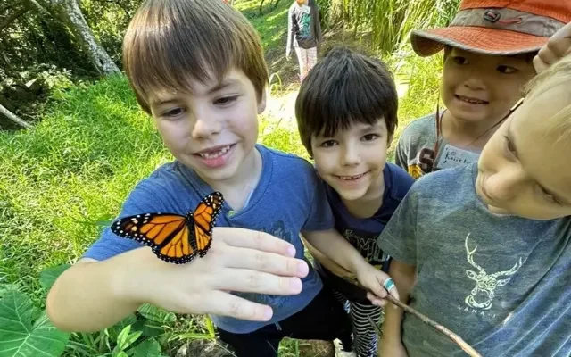 A student holding a butterfly.