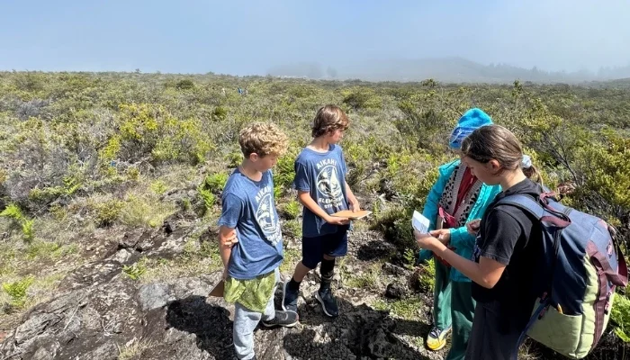 Four older children read instructions while outdoors on Maui.